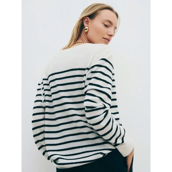 Reformation Cashmere Gossamer Cream & Black Stripe Boyfriend Sweater - Picture 7 of 8